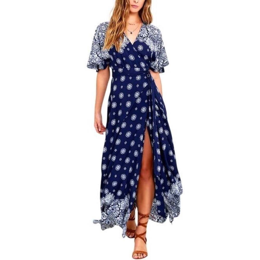 Lulus Women's Navy Blue Floral Print Hyacinth House Wrap Maxi Dress Size S